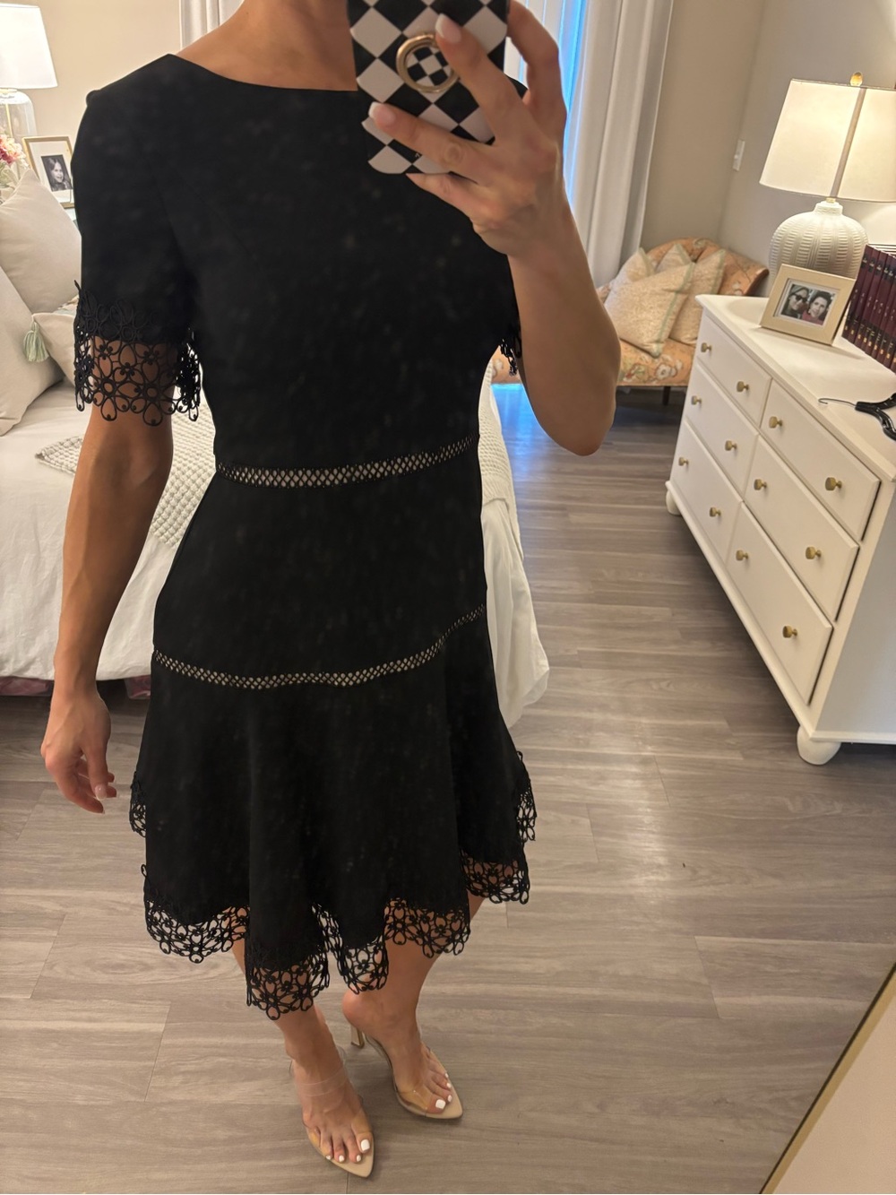 👗 SHANI COLLECTION Lace-Trim Crepe Fit & Flare Dress — Black